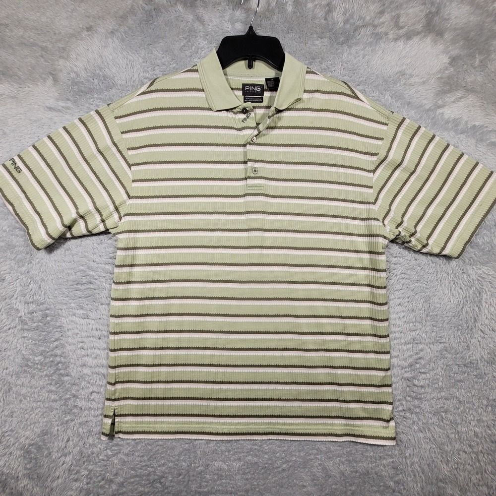 PING Golf Polo Shirt Mens Medium Striped Green Knit Short Sleeve *